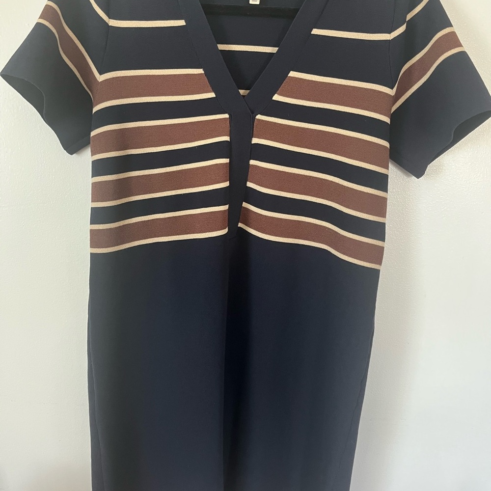 Tuckernuck Navy V-Neck Midi Dress with Brown and Cream Stripes